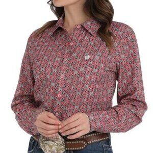 Cinch Women's Long Sleeve Floral Geo Print Button Shirt Pink MSW9163029